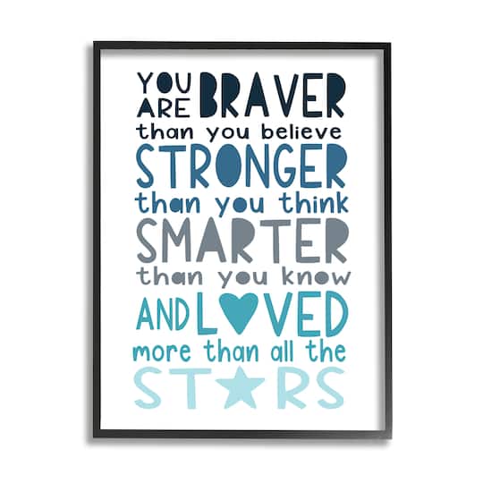 Stupell Industries Braver Stronger Smarter and Love Phrase Blue Typography in Frame Wall Art